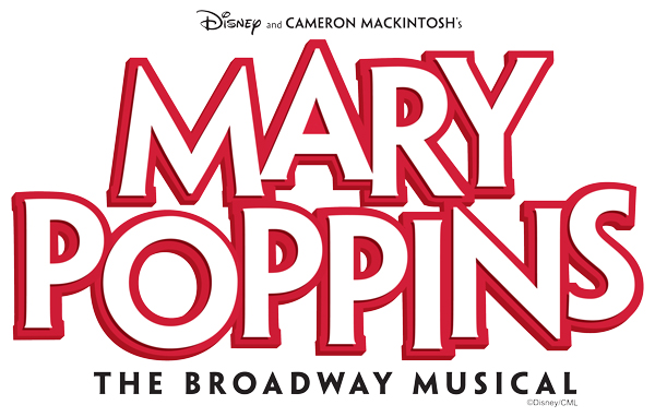 Logo for ‘Mary Poppins: The Broadway Musical.’ The text ‘Mary Poppins’ is written in bold, red, uppercase letters with a white outline, slightly overlapping. Above the title, it says ‘Disney and Cameron Mackintosh’s’ in smaller black text, and below the title, it says ‘The Broadway Musical’ in black uppercase letters. The design is clean and theatrical, emphasizing the boldness of the title.